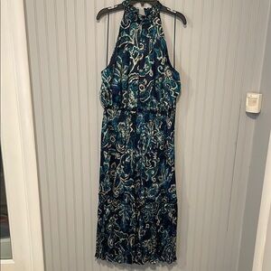 Nicole Miller Blue Paisley Floral Halter Midi Sundress | LARGE NWT